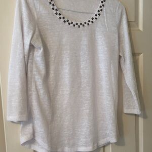 Essentials White Long Sleeve Tee with Checkered Detail